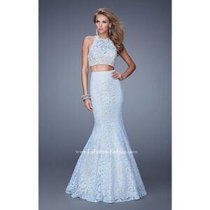 La Femme Two Piece Blue Lace Mermaid Skirt & Halter Long Prom Dress Gown 6 NWT